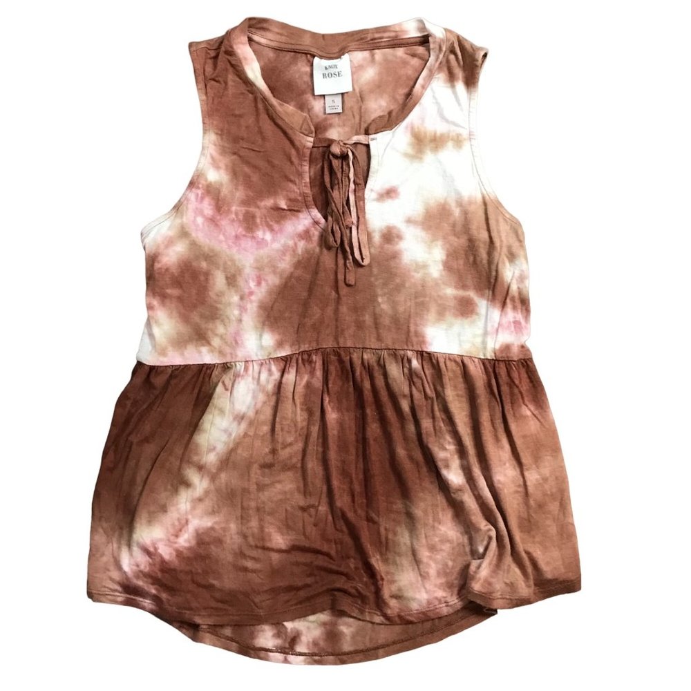 Knox Rose Boho Earthy Forest Tie Dye Brown Cream Peplum Sleeveless Top Womens Sm